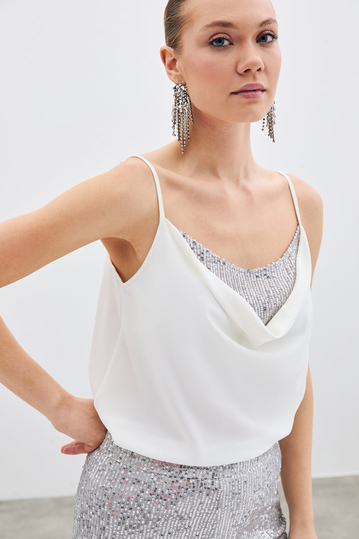 Sateen Blouse col dégagé - Écru