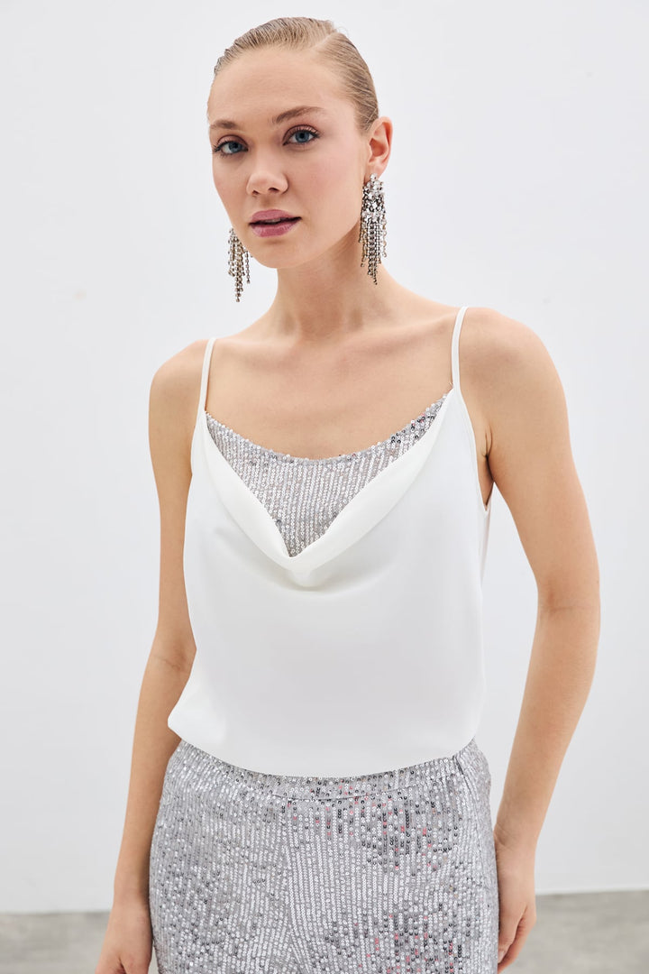 Sateen Blouse col dégagé - Écru