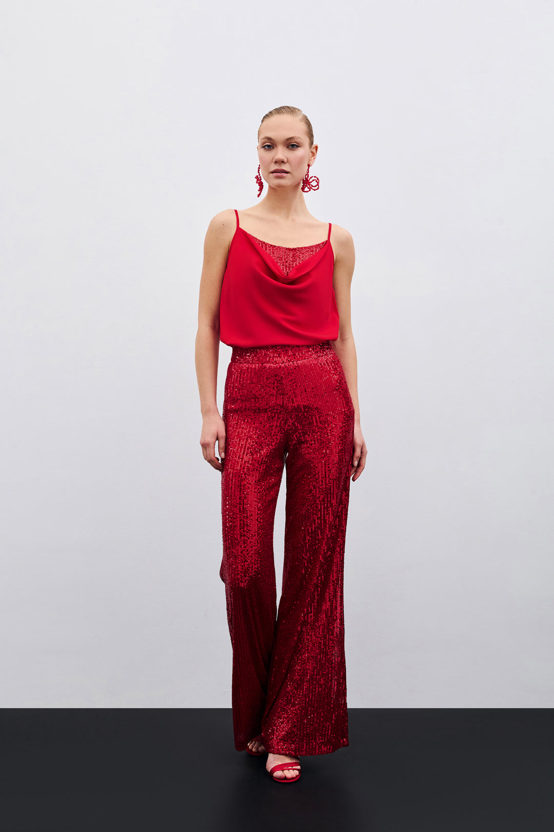 Sateen Blouse à Col Dégagé - Rouge