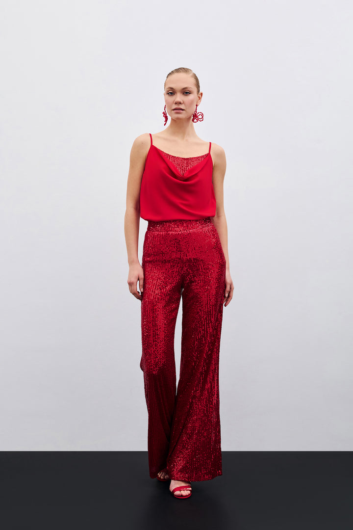 Sateen Blouse à Col Dégagé - Rouge