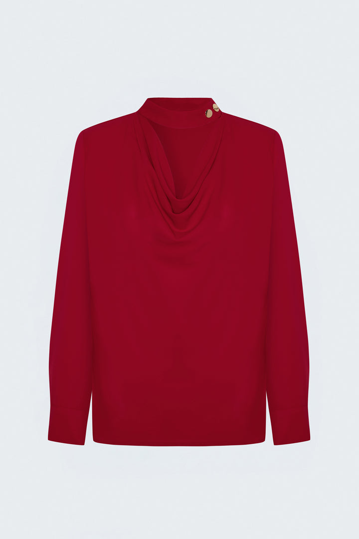 Sateen Blouse à Col Dégagé - Rouge