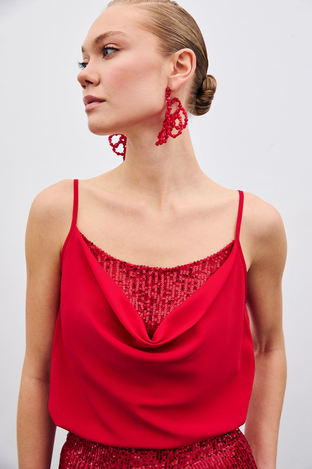 Sateen Blouse à Col Dégagé - Rouge