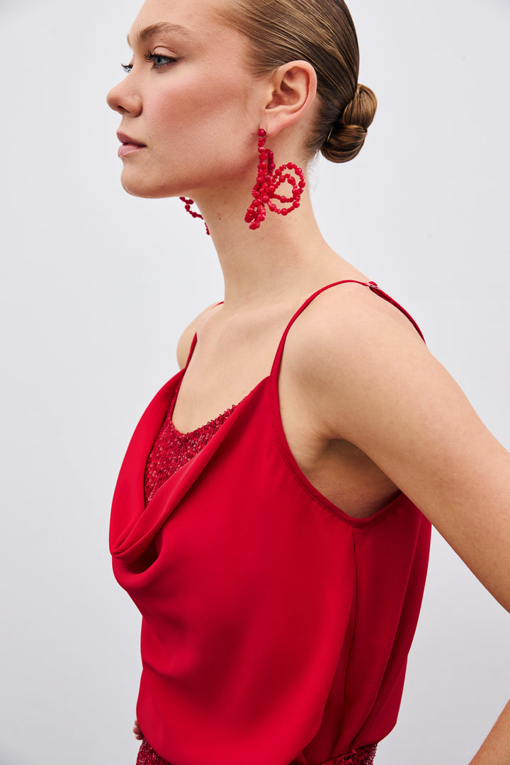 Sateen Blouse à Col Dégagé - Rouge