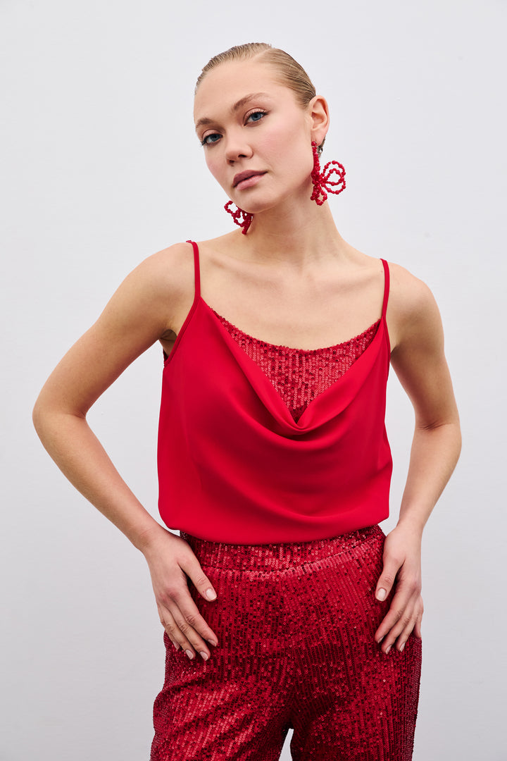 Sateen Blouse à Col Dégagé - Rouge