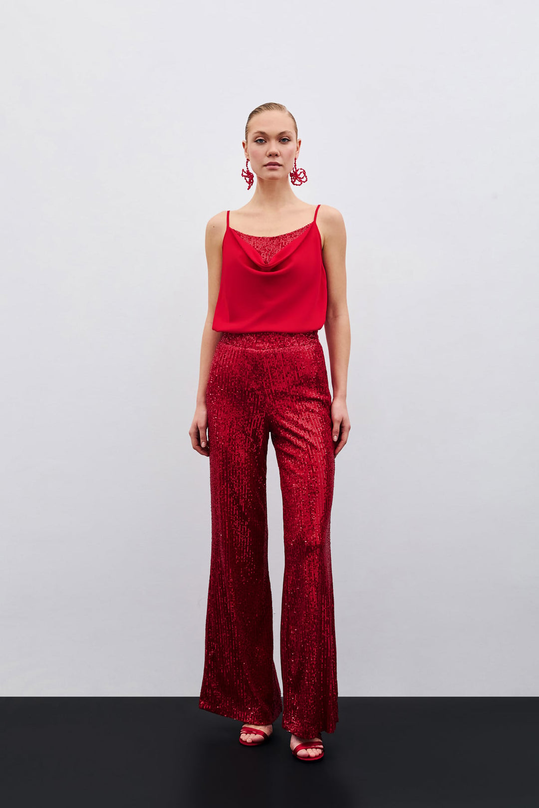 Sateen Blouse à Col Dégagé - Rouge