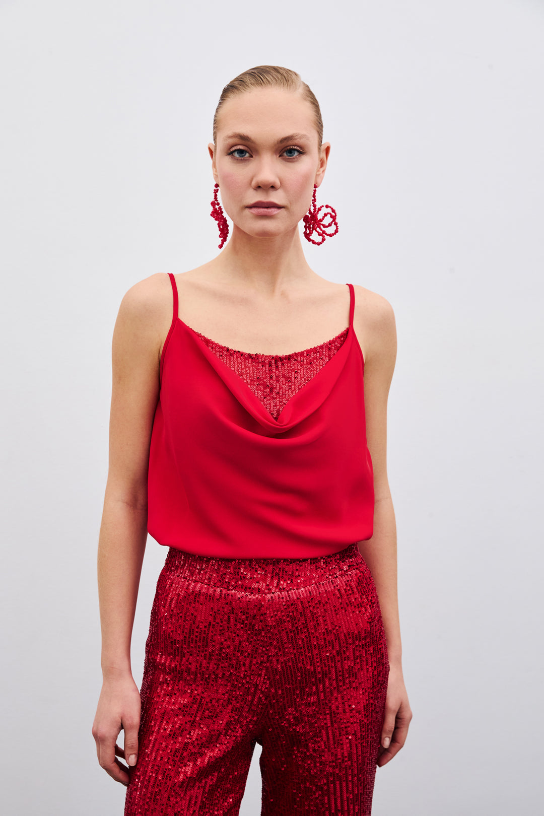 Sateen Blouse à Col Dégagé - Rouge