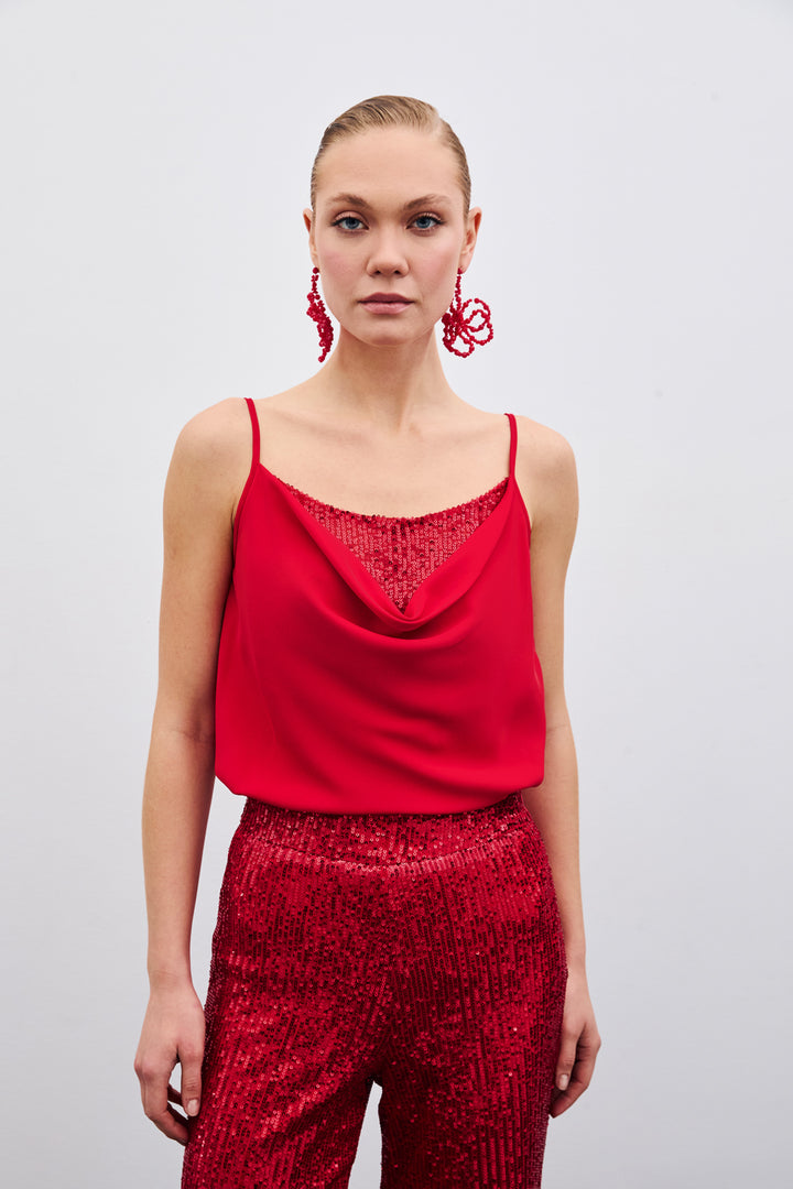 Sateen Blouse à Col Dégagé - Rouge