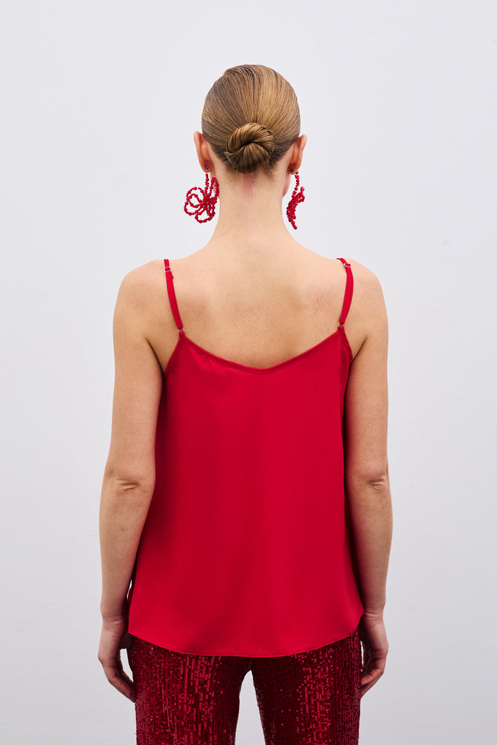 Sateen Blouse à Col Dégagé - Rouge