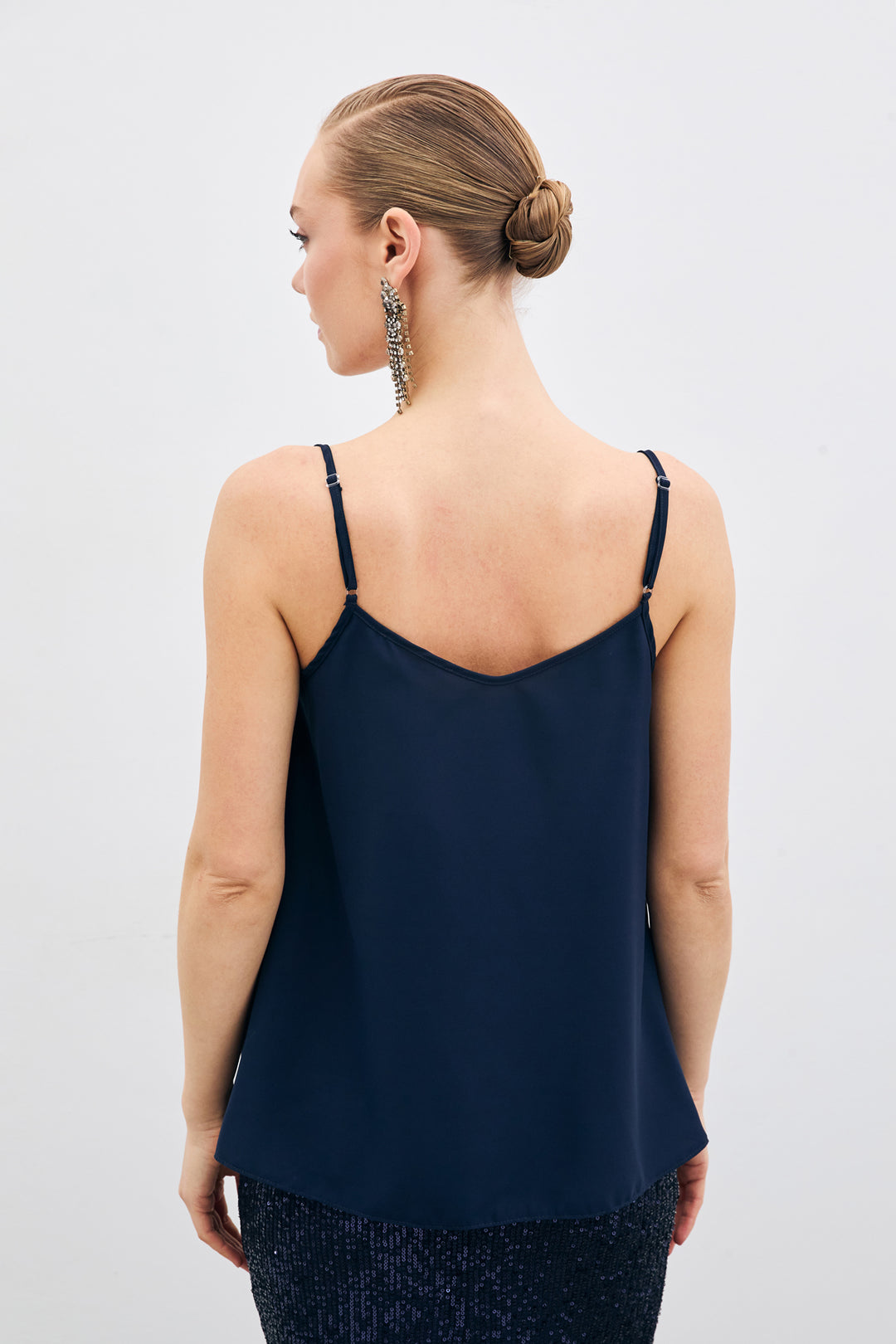 Sateen Blouse à Col Dégagé - Bleu marine