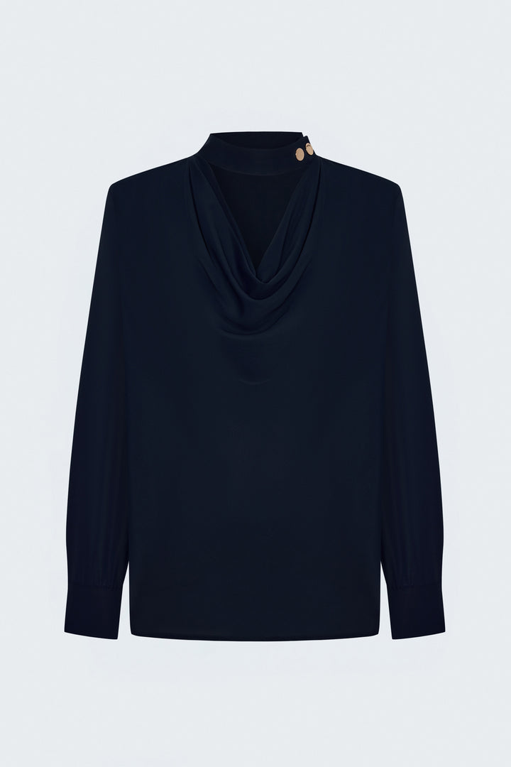 Sateen Blouse à Col Dégagé - Bleu marine
