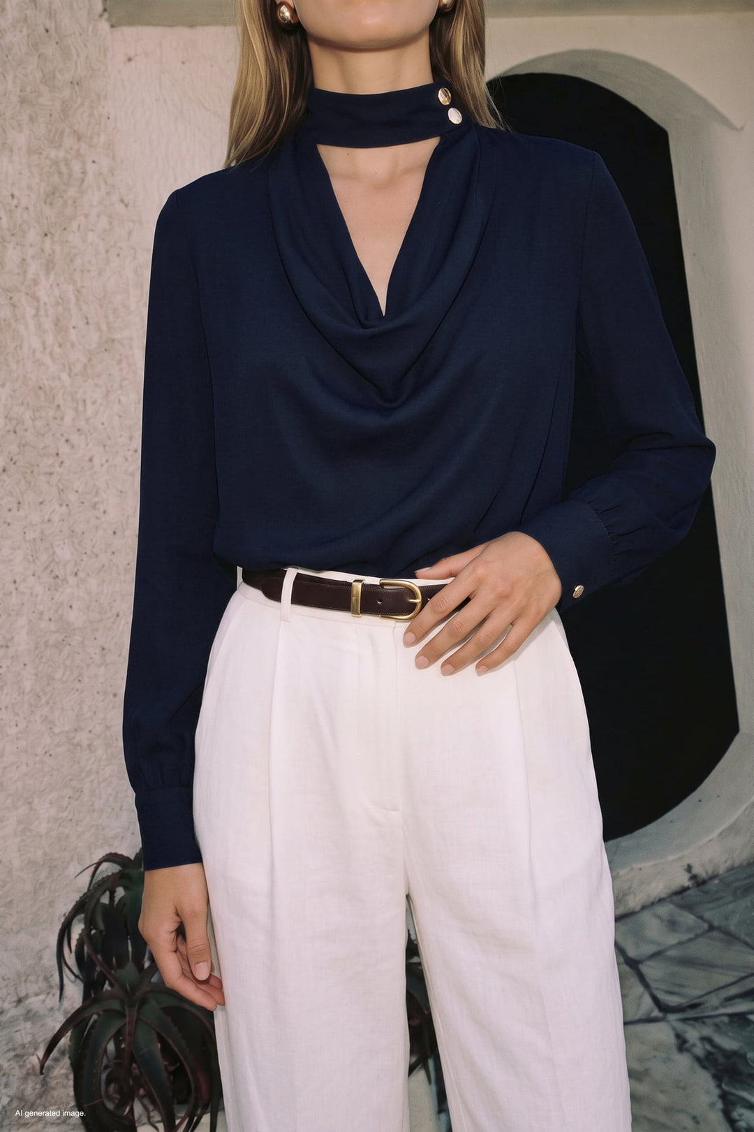 Sateen Blouse à Col Dégagé - Bleu marine