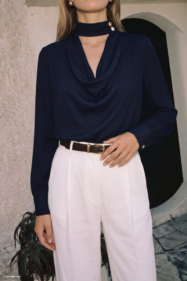 Sateen Blouse à Col Dégagé - Bleu marine