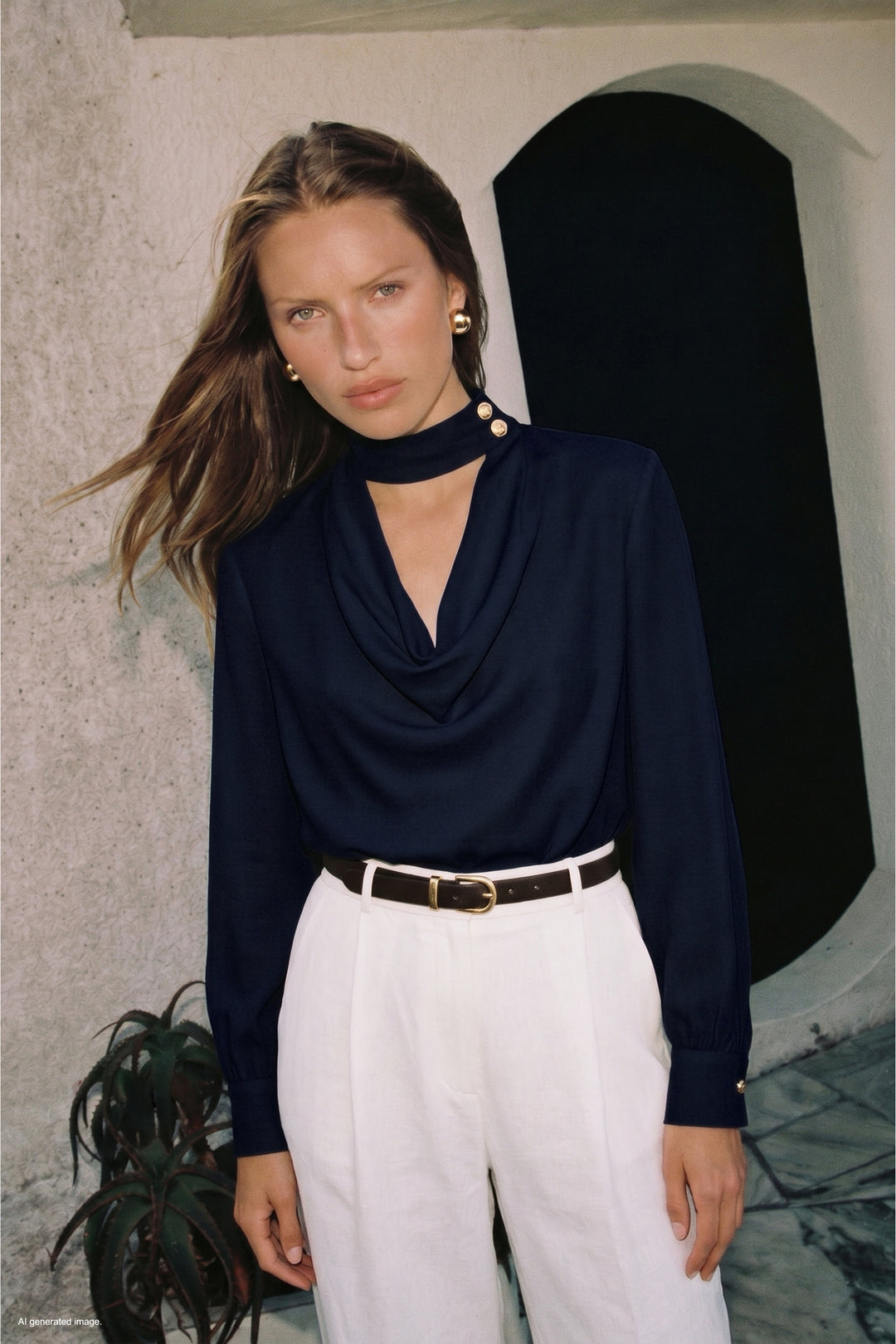Sateen Blouse à Col Dégagé - Bleu marine