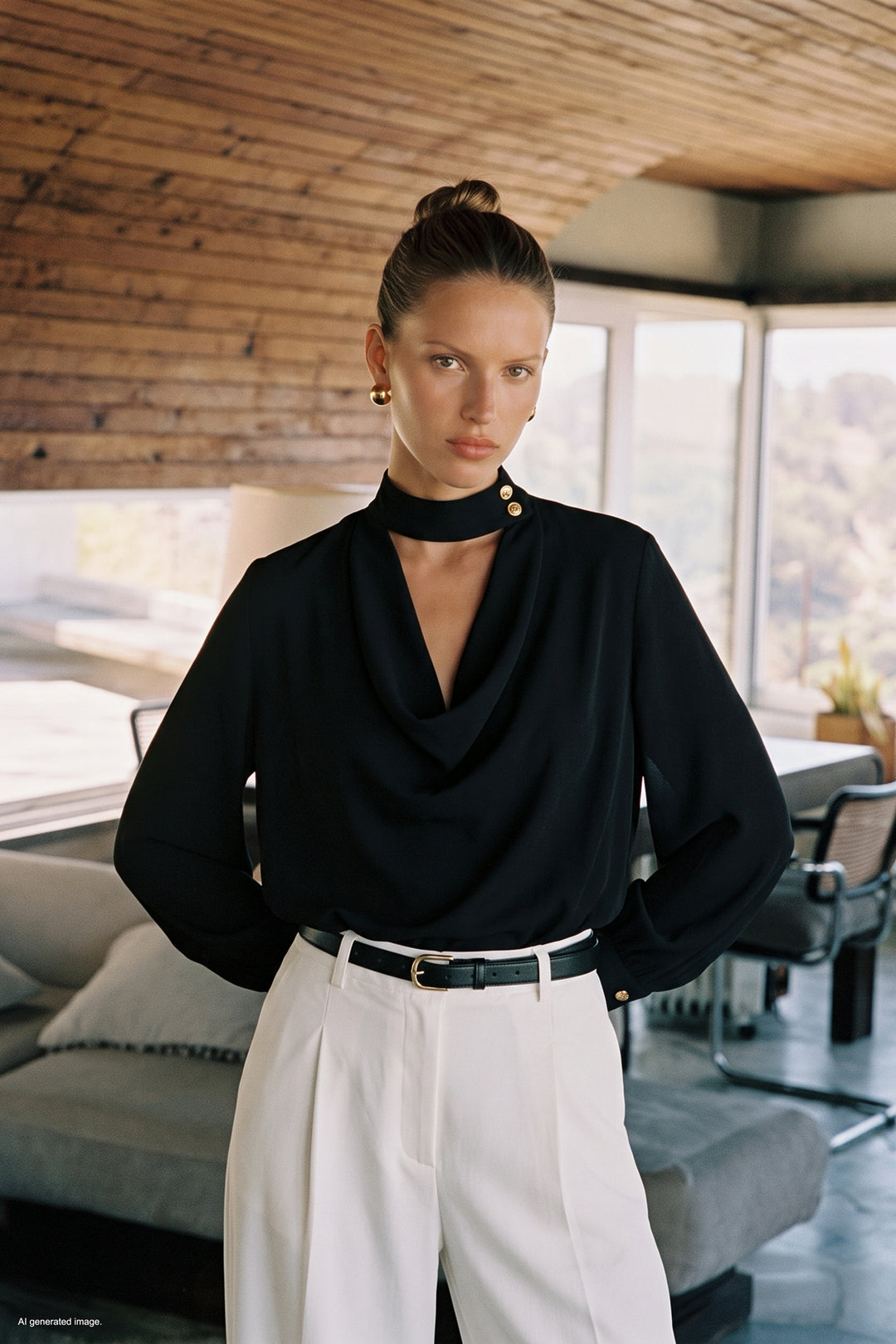 Sateen Blouse à Col Dégagé - Noir