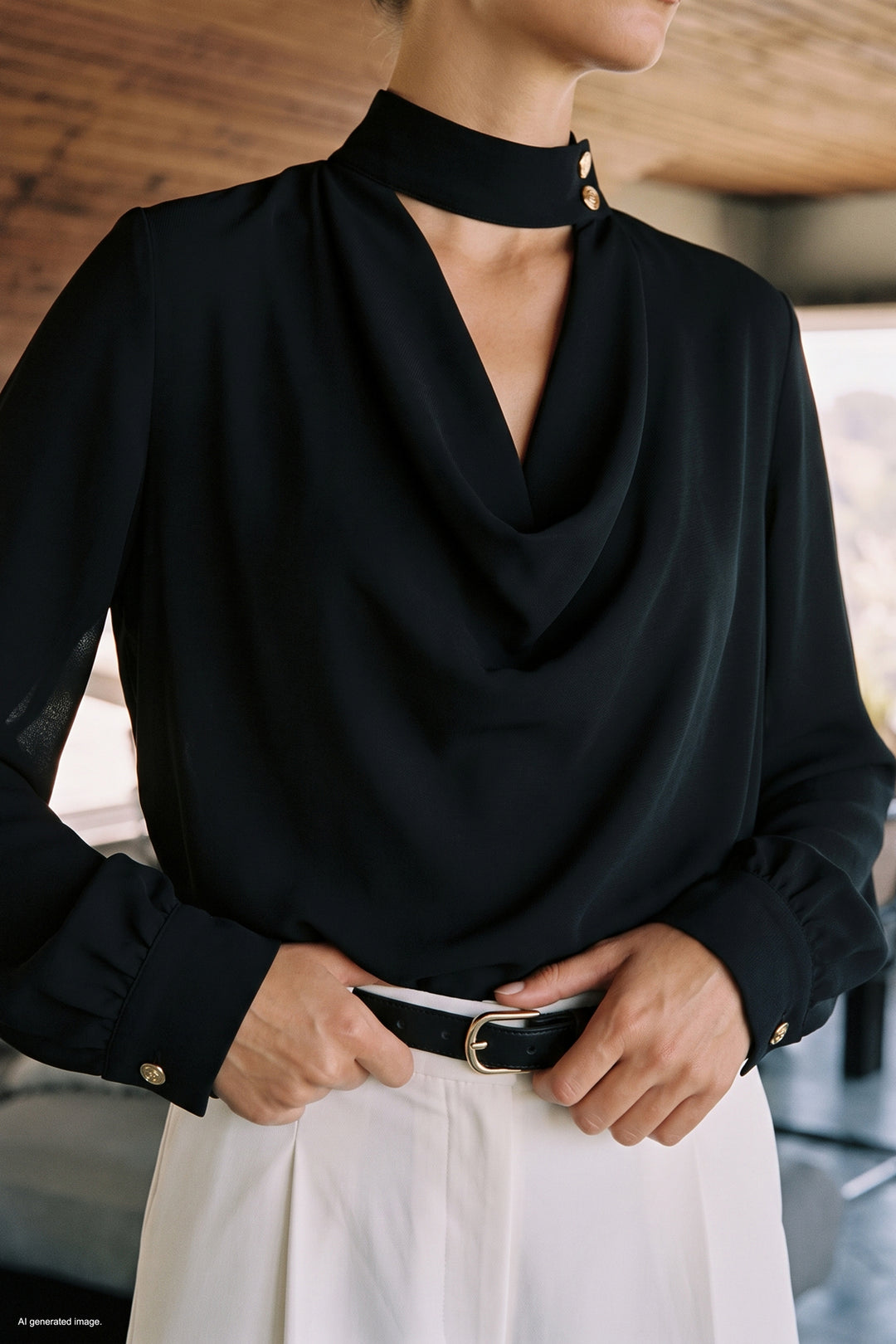 Sateen Blouse à Col Dégagé - Noir