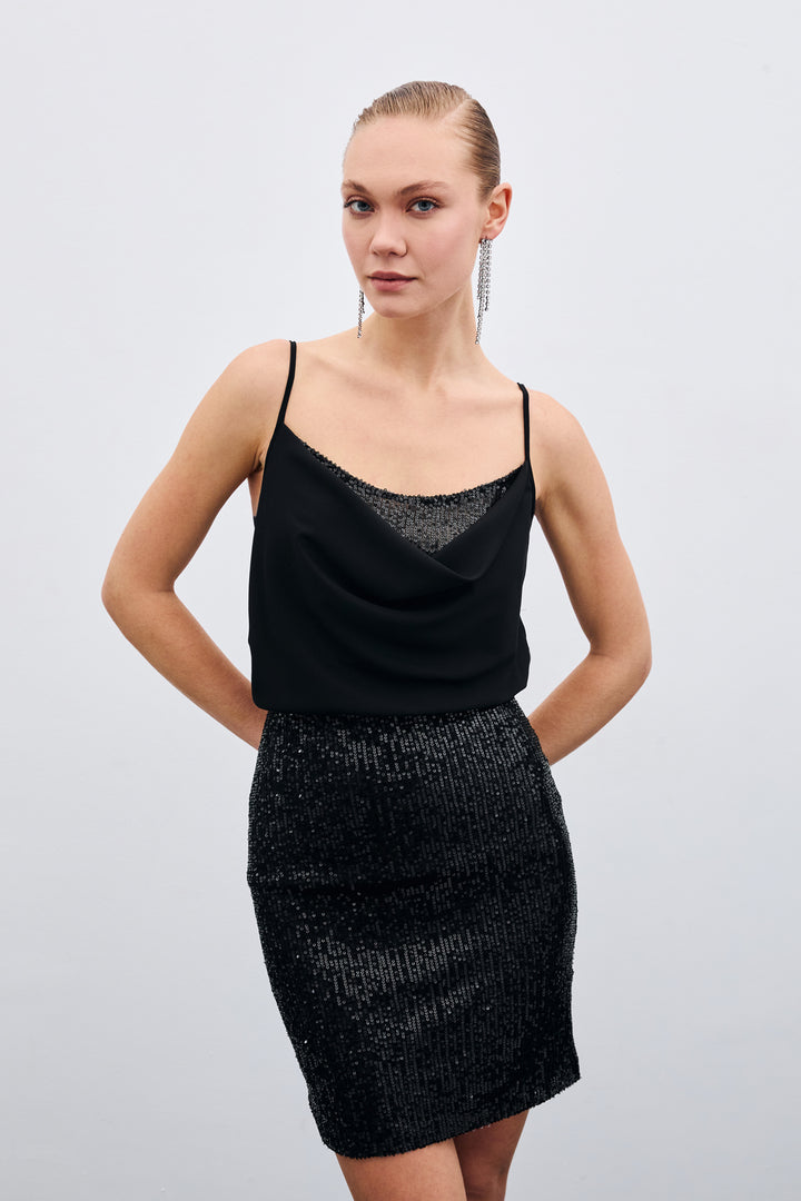 Sateen Blouse col dégagé - Noir