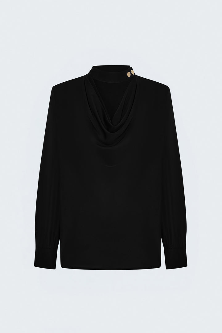 Sateen Blouse à Col Dégagé - Noir