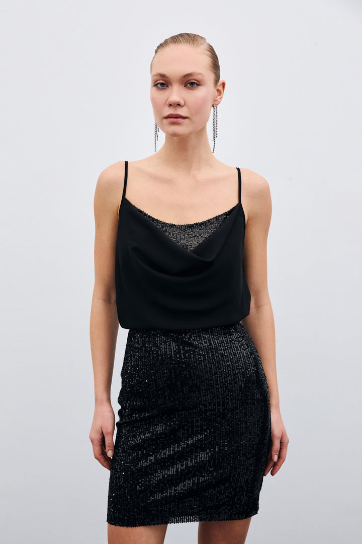 Sateen Blouse col dégagé - Noir