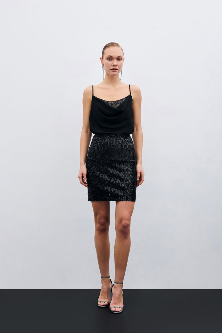 Sateen Blouse col dégagé - Noir