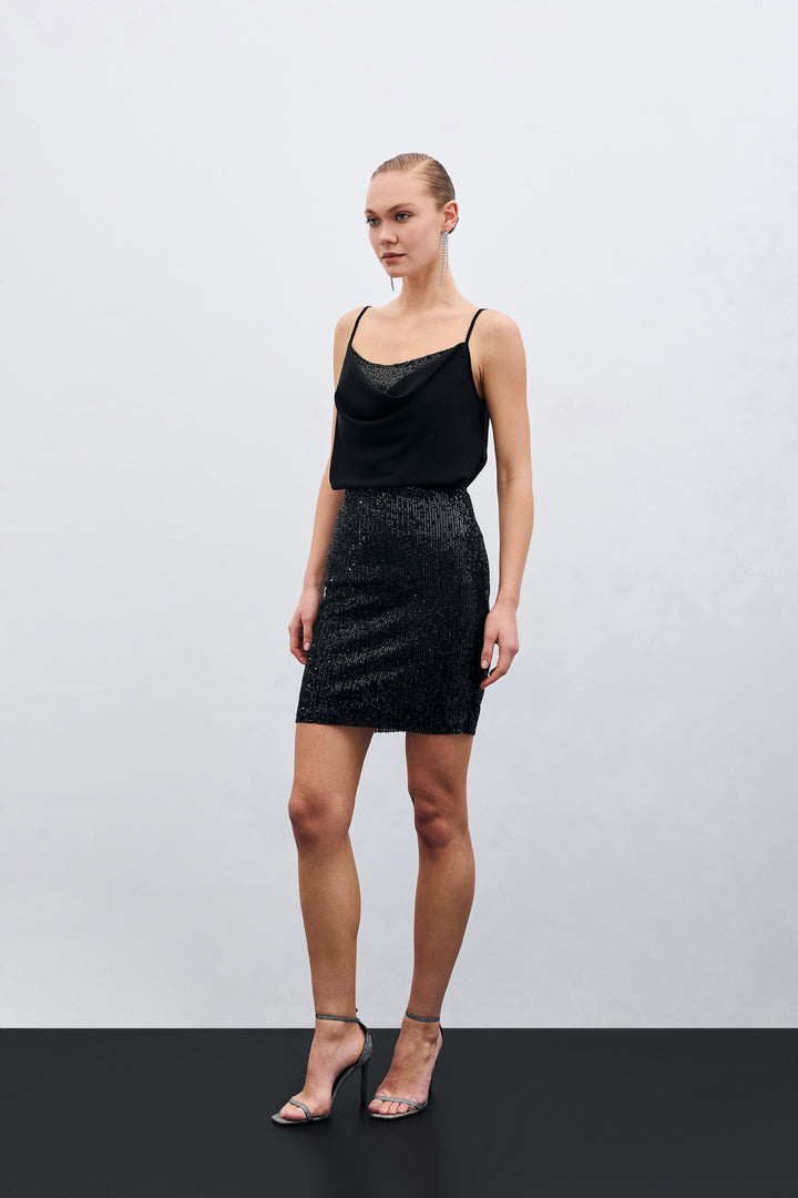 Sateen Blouse col dégagé - Noir