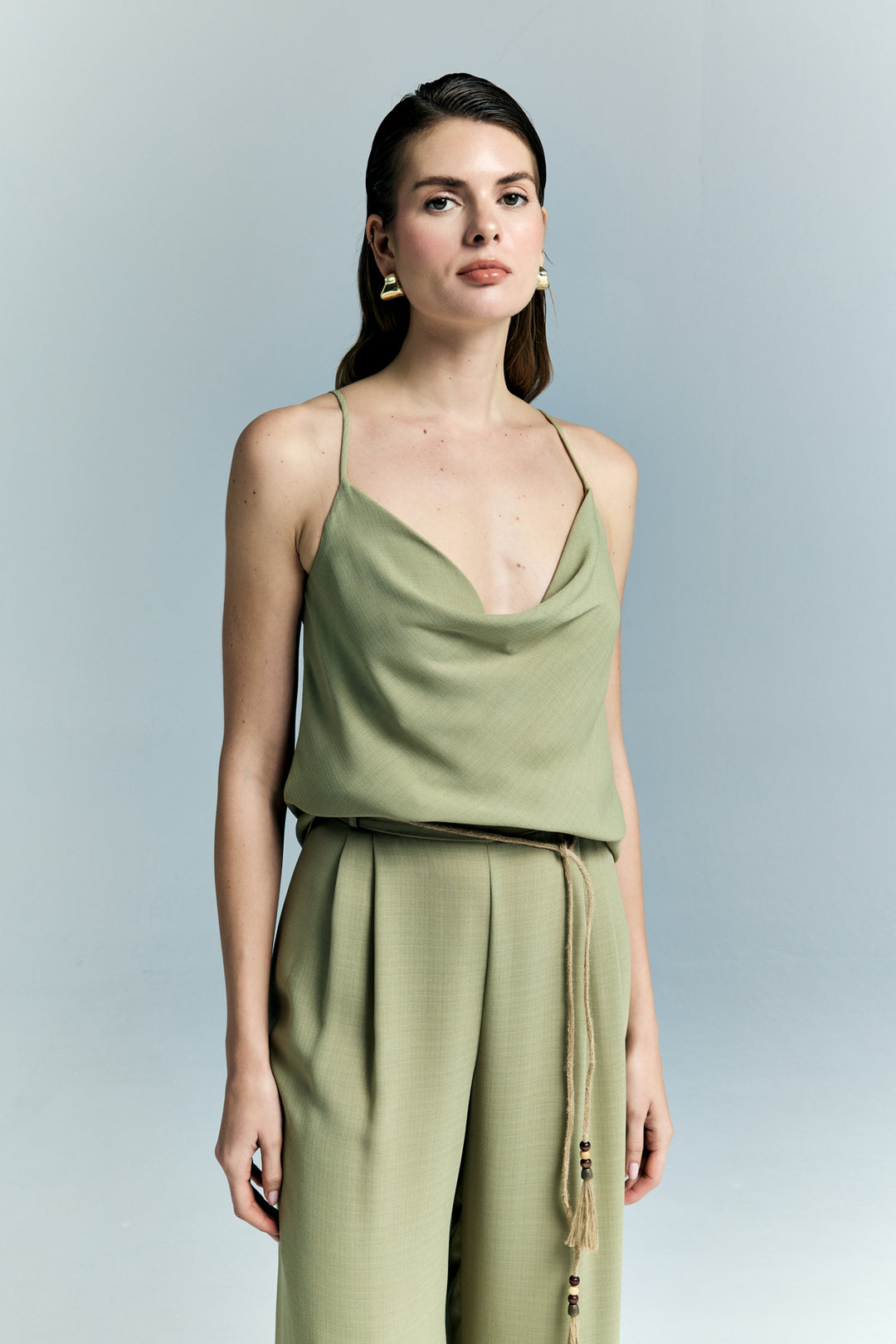 Sateen Blouse décontractée à col dégagé - Kaki