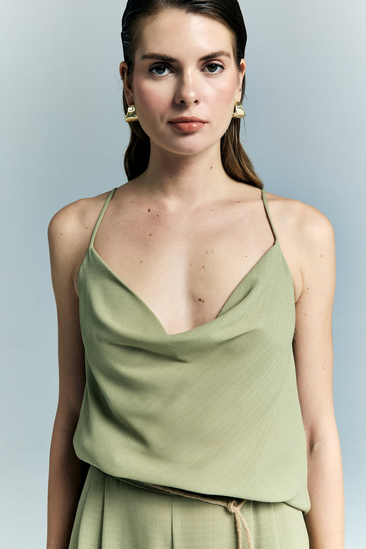 Sateen Blouse décontractée à col dégagé - Kaki
