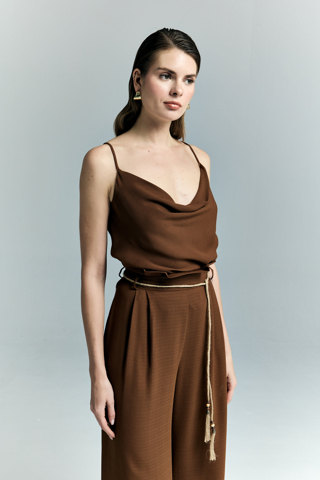 Sateen Blouse décontractée à col dégagé - Marron