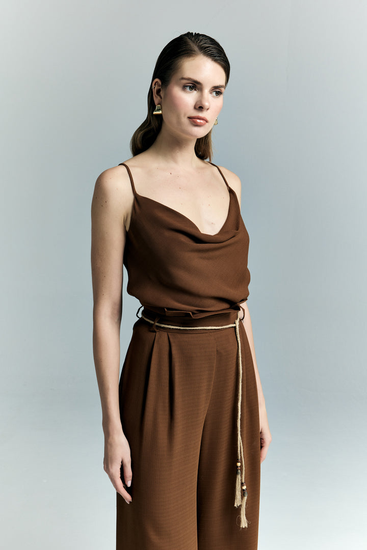 Sateen Blouse décontractée à col dégagé - Marron
