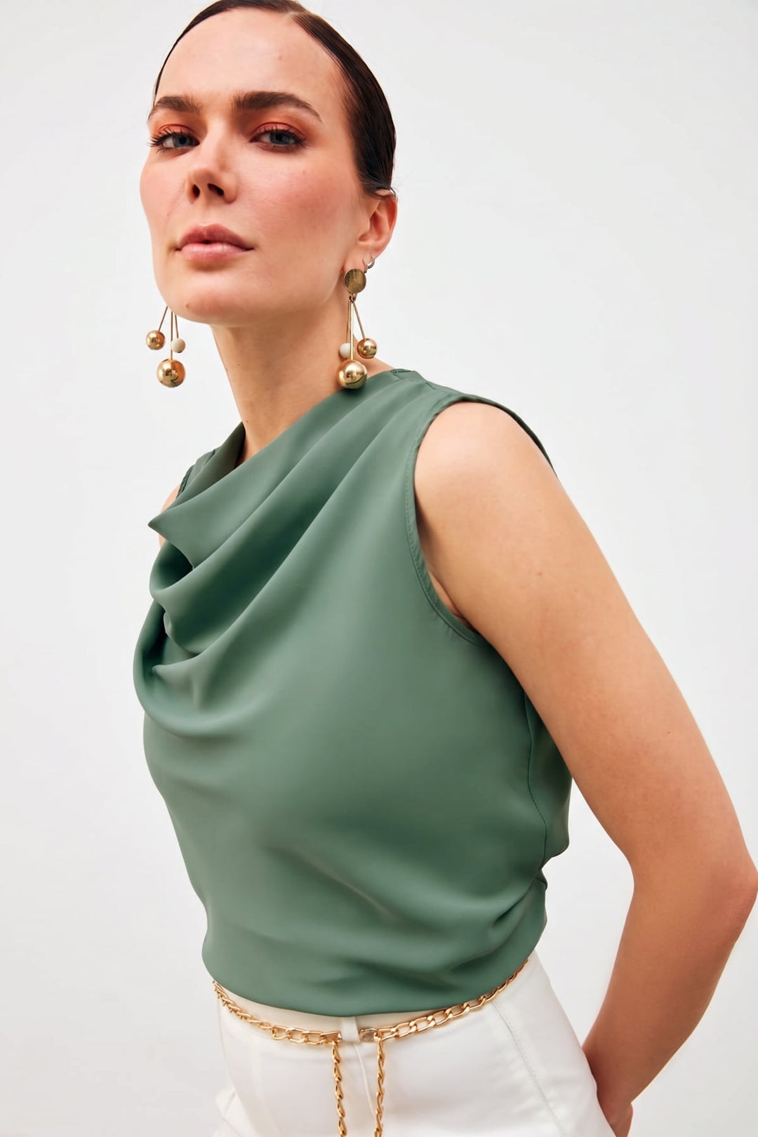Sateen Blouse Sans Manches à Col Dégagé - Vert amande Vert