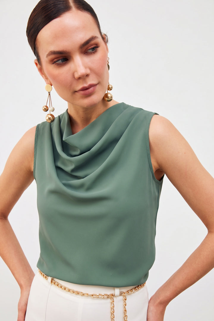Sateen Blouse Sans Manches à Col Dégagé - Vert amande Vert