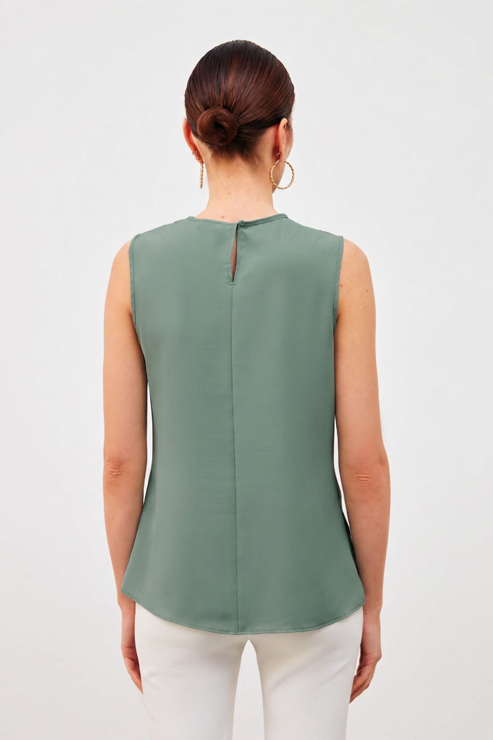 Sateen Blouse Sans Manches à Col Dégagé - Vert amande Vert