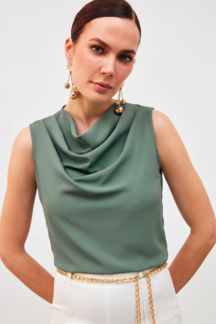 Sateen Blouse Sans Manches à Col Dégagé - Vert amande Vert