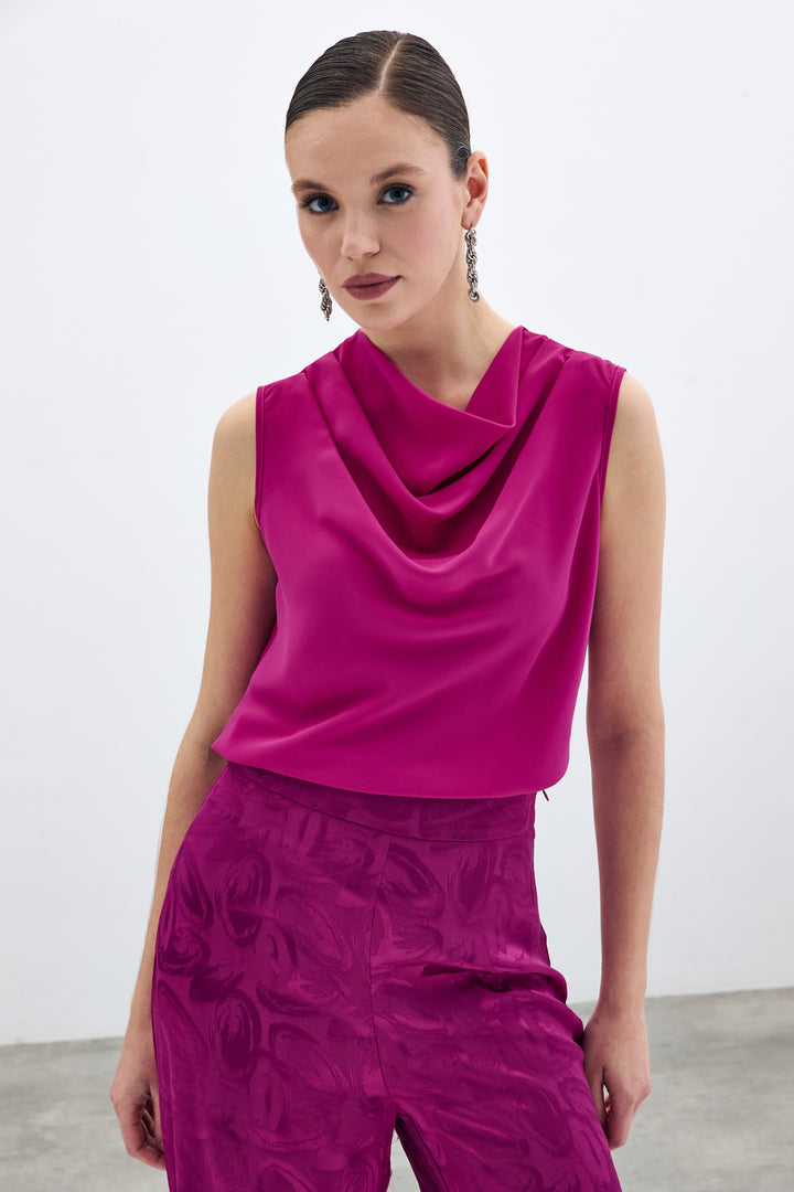 Sateen Blouse sans manches à col dégagé - Fuchsia