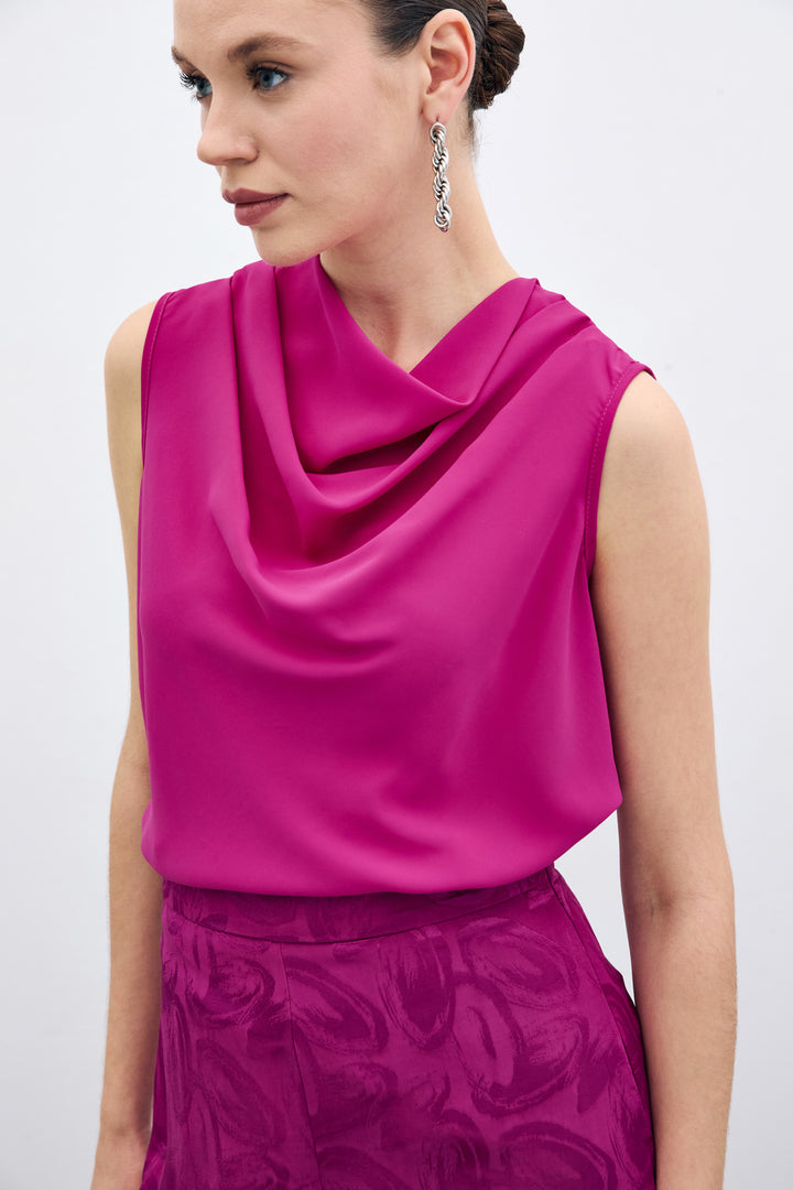 Sateen Blouse sans manches à col dégagé - Fuchsia