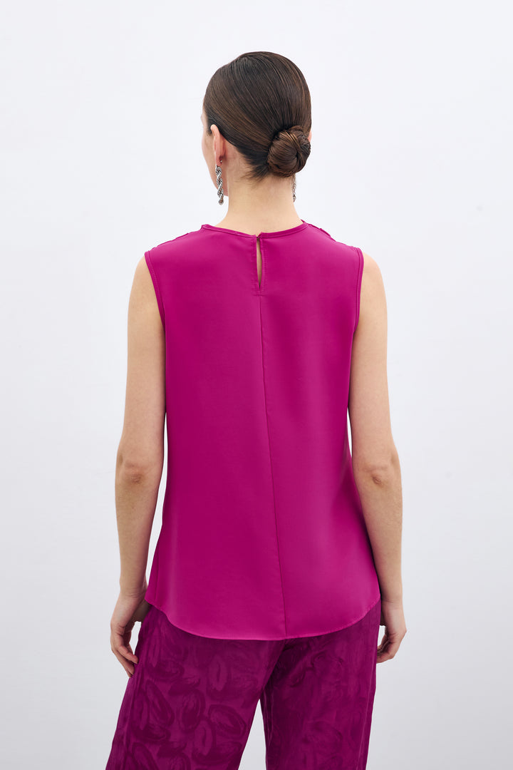 Sateen Blouse sans manches à col dégagé - Fuchsia