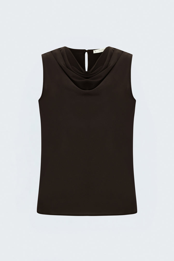 Sateen Blouse sans manches à col dégagé - Marron foncé