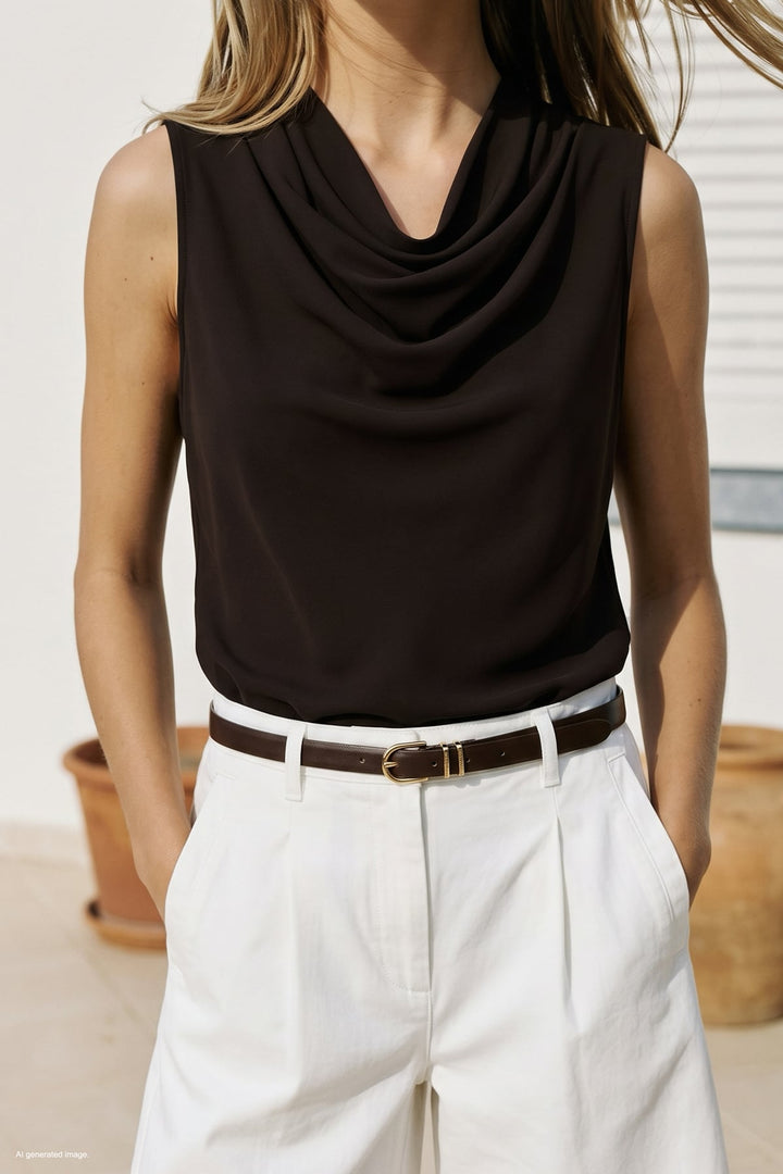 Sateen Blouse sans manches à col dégagé - Marron foncé