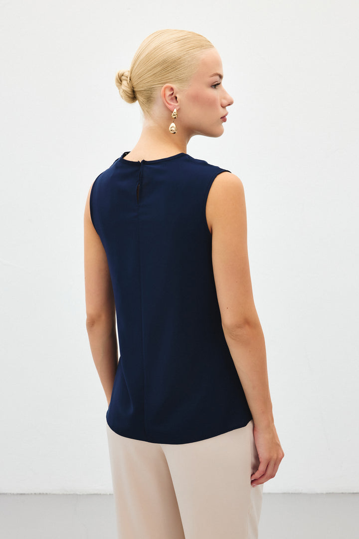 Sateen Blouse sans manches à col dégagé - Bleu marine