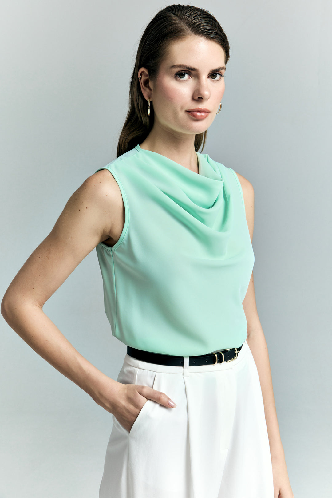 Sateen Blouse sans manches à col dégagé - Menthe