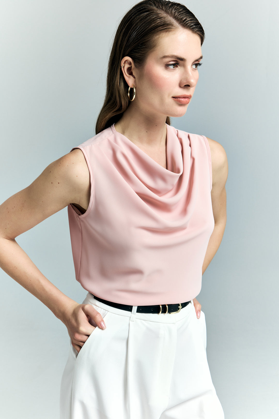 Sateen Blouse sans manches à col dégagé - Poudre