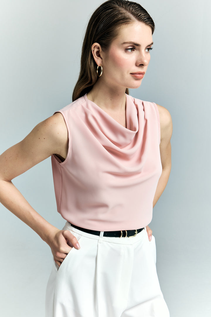 Sateen Blouse sans manches à col dégagé - Poudre