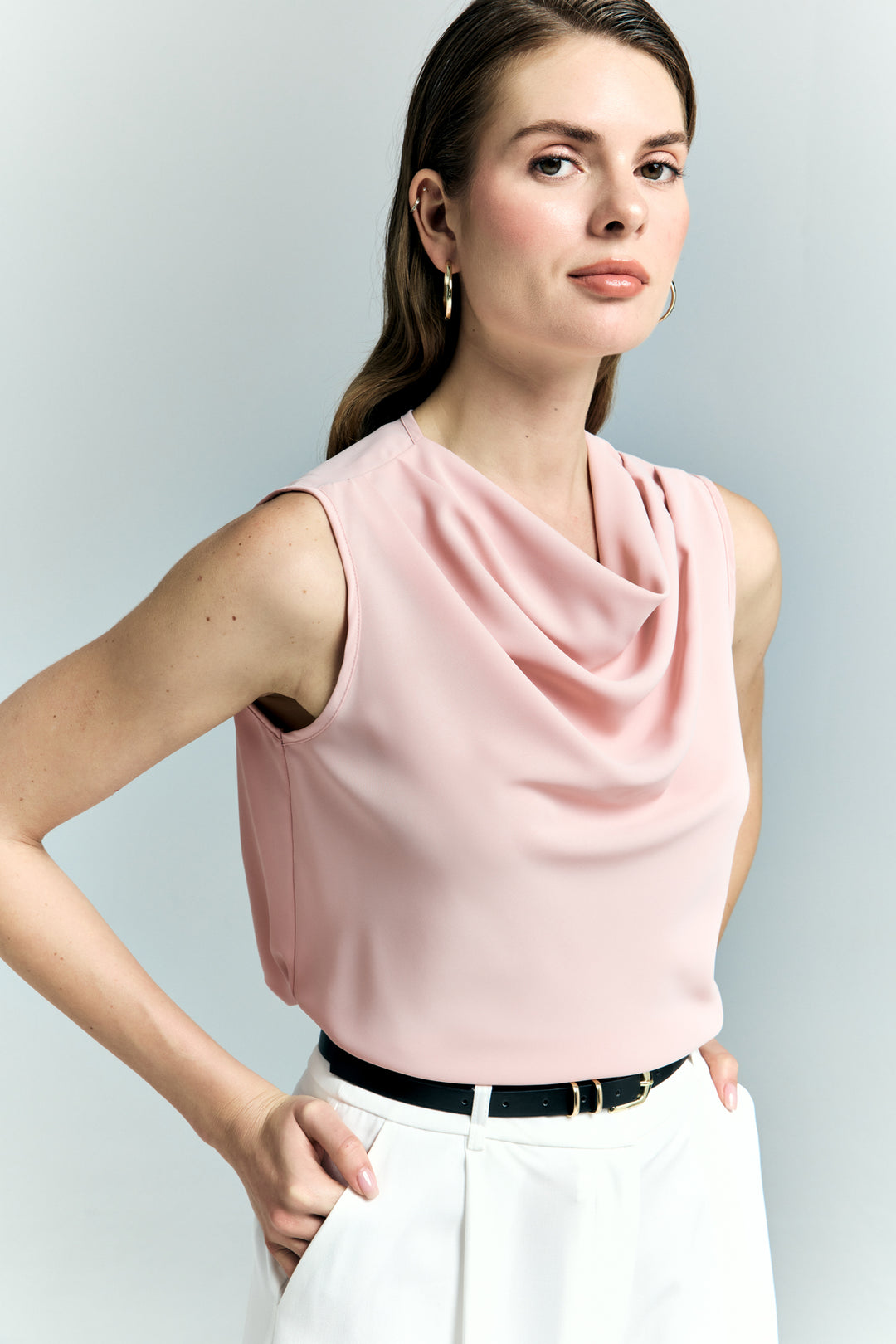 Sateen Blouse sans manches à col dégagé - Poudre