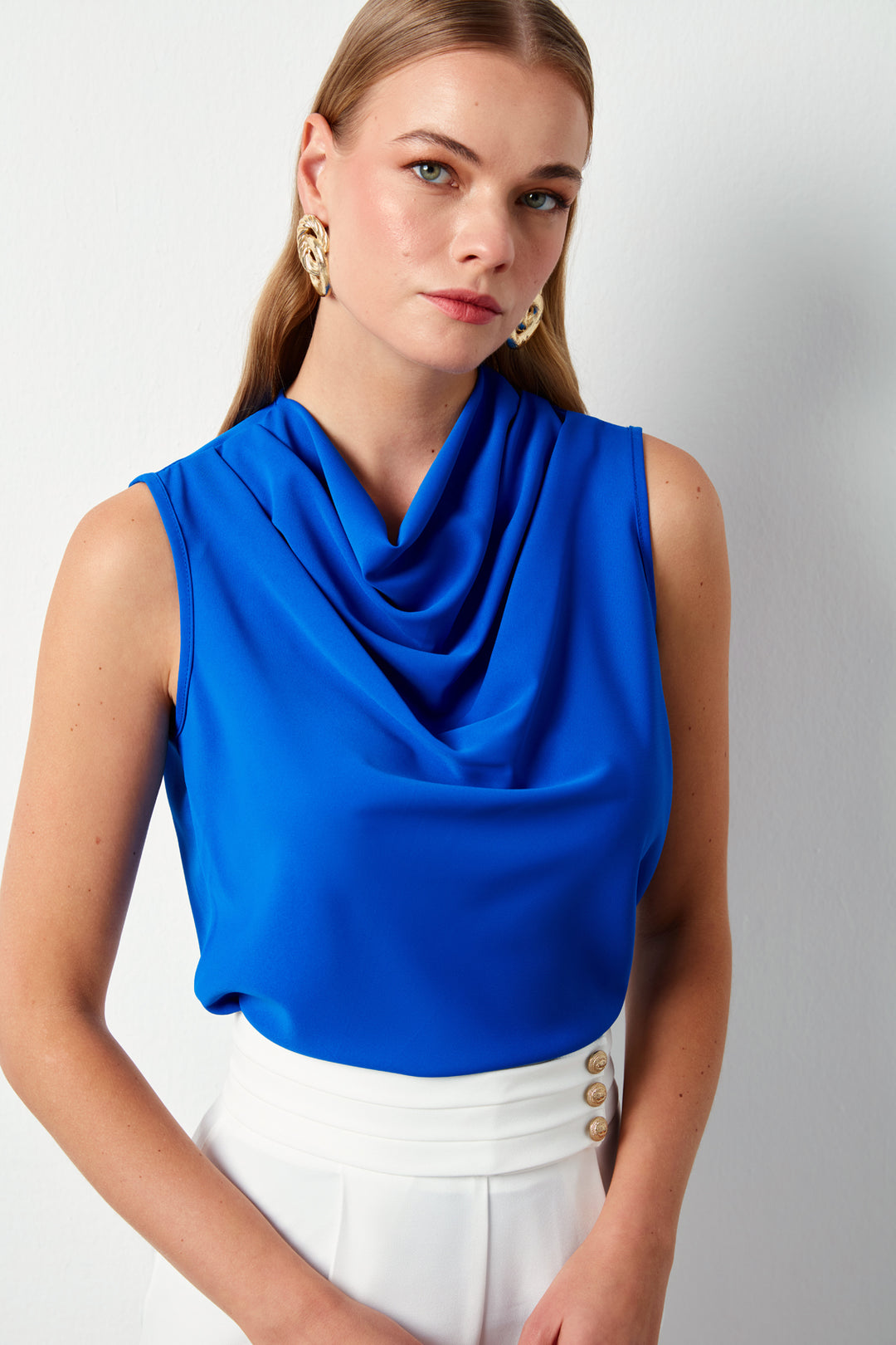 Sateen Blouse sans manches à col dégagé - sax Bleu