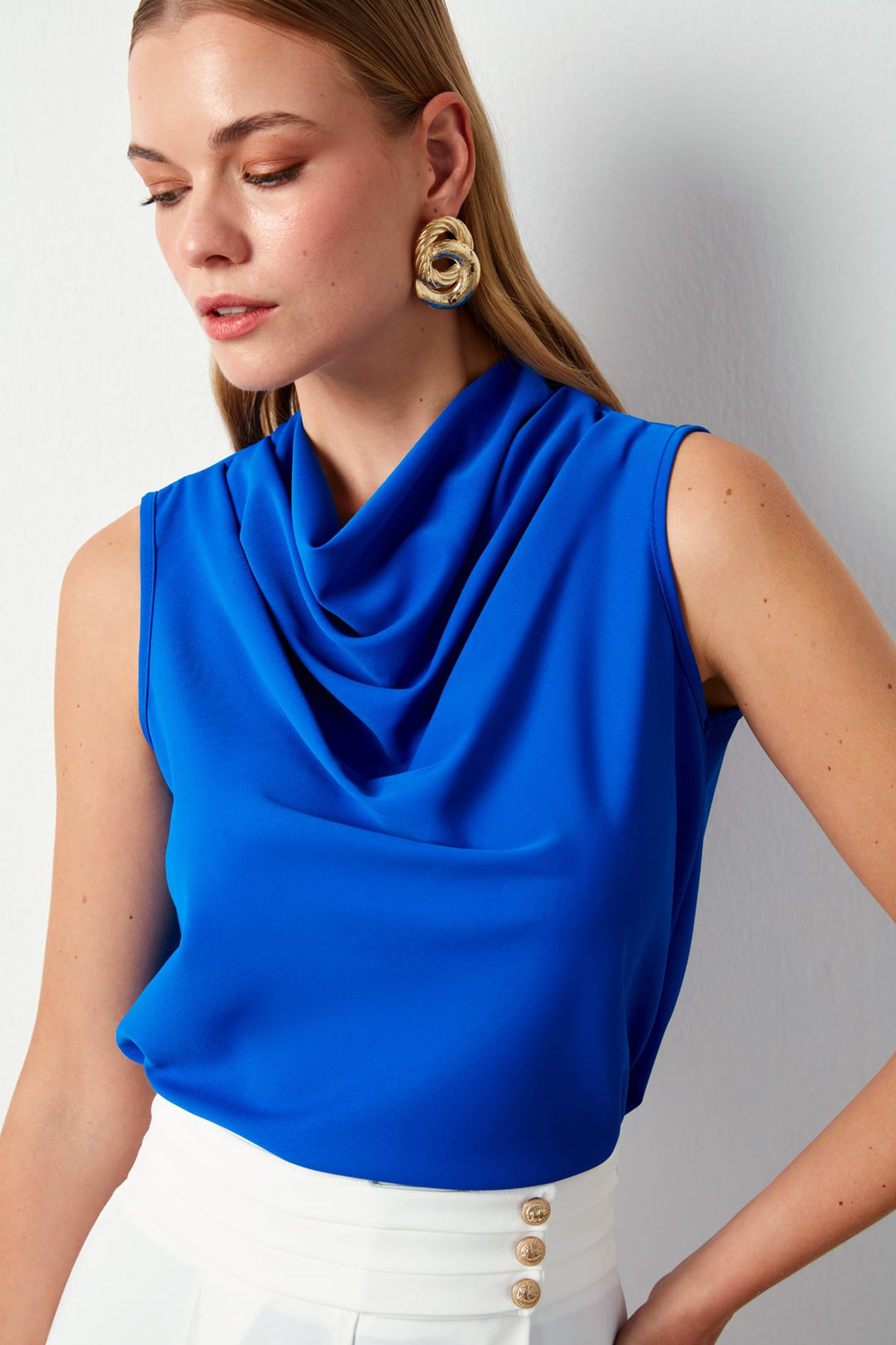 Sateen Blouse sans manches à col dégagé - sax Bleu