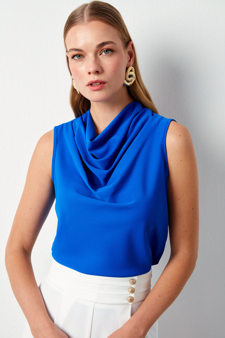 Sateen Blouse sans manches à col dégagé - sax Bleu
