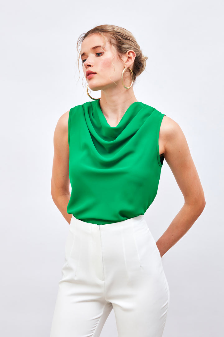 Sateen Blouse Sans Manches Col Dégagé - Vert