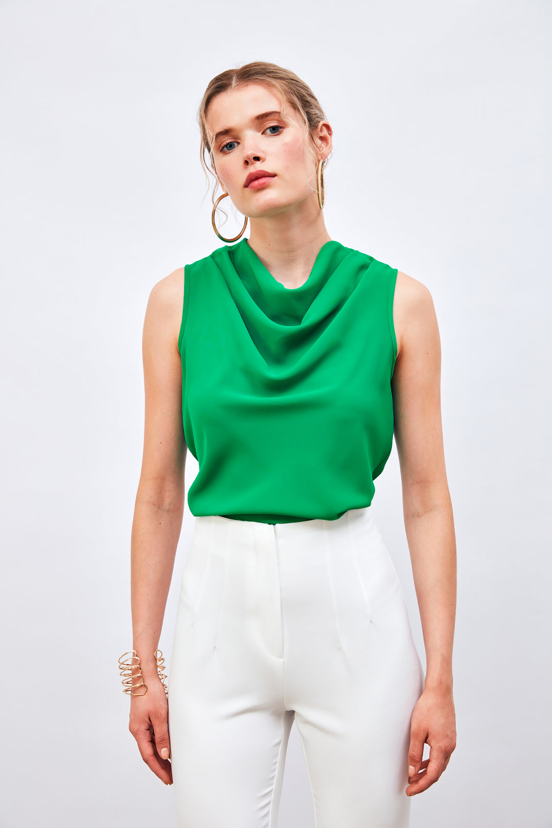 Sateen Blouse Sans Manches Col Dégagé - Vert