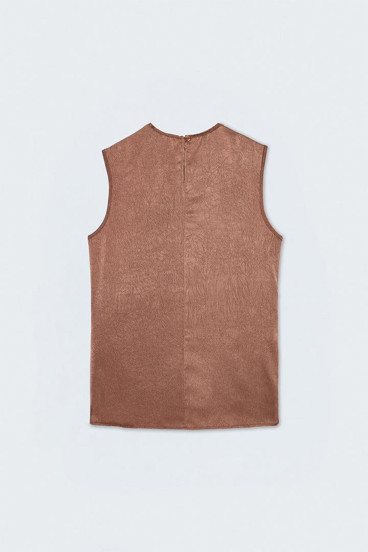Sateen Blouse en Satin à Col Dégagé - Clair Marron