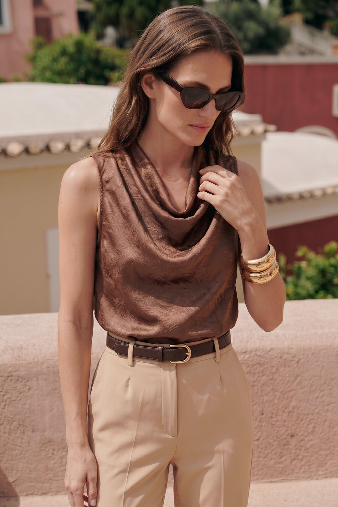 Sateen Blouse en Satin à Col Dégagé - Clair Marron