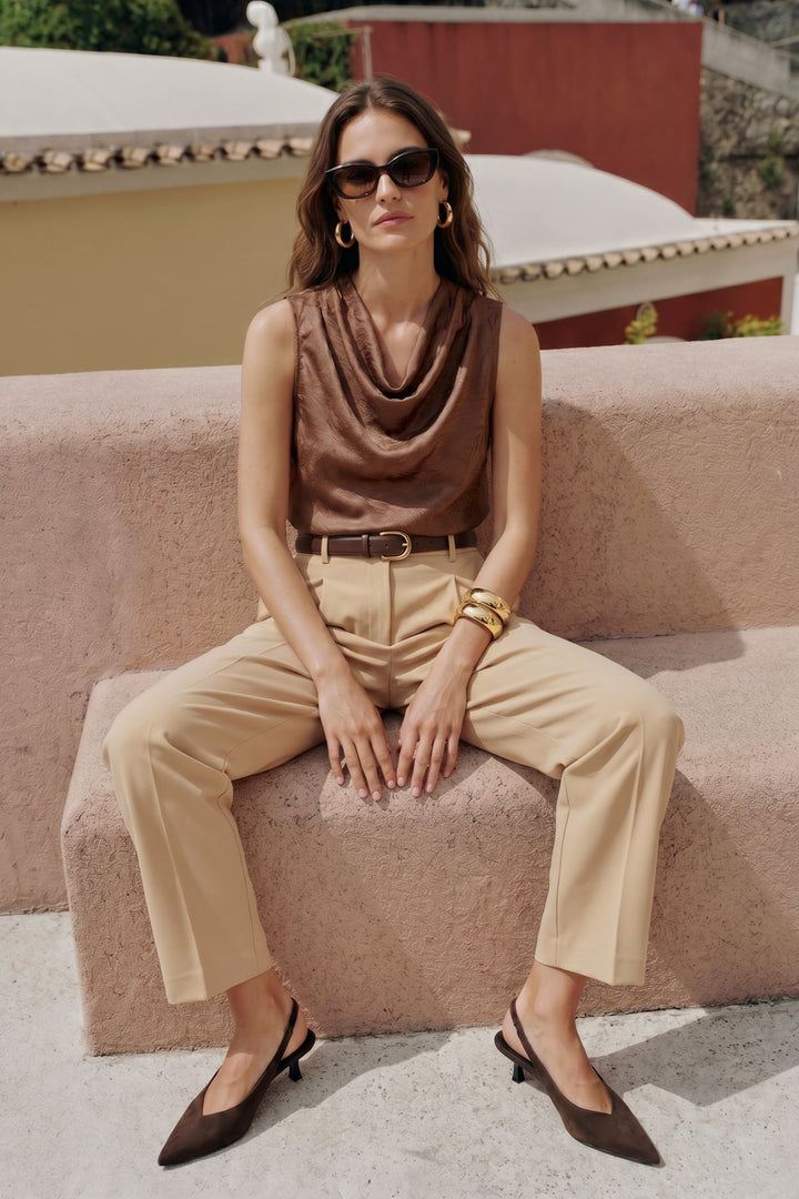 Sateen Blouse en Satin à Col Dégagé - Clair Marron